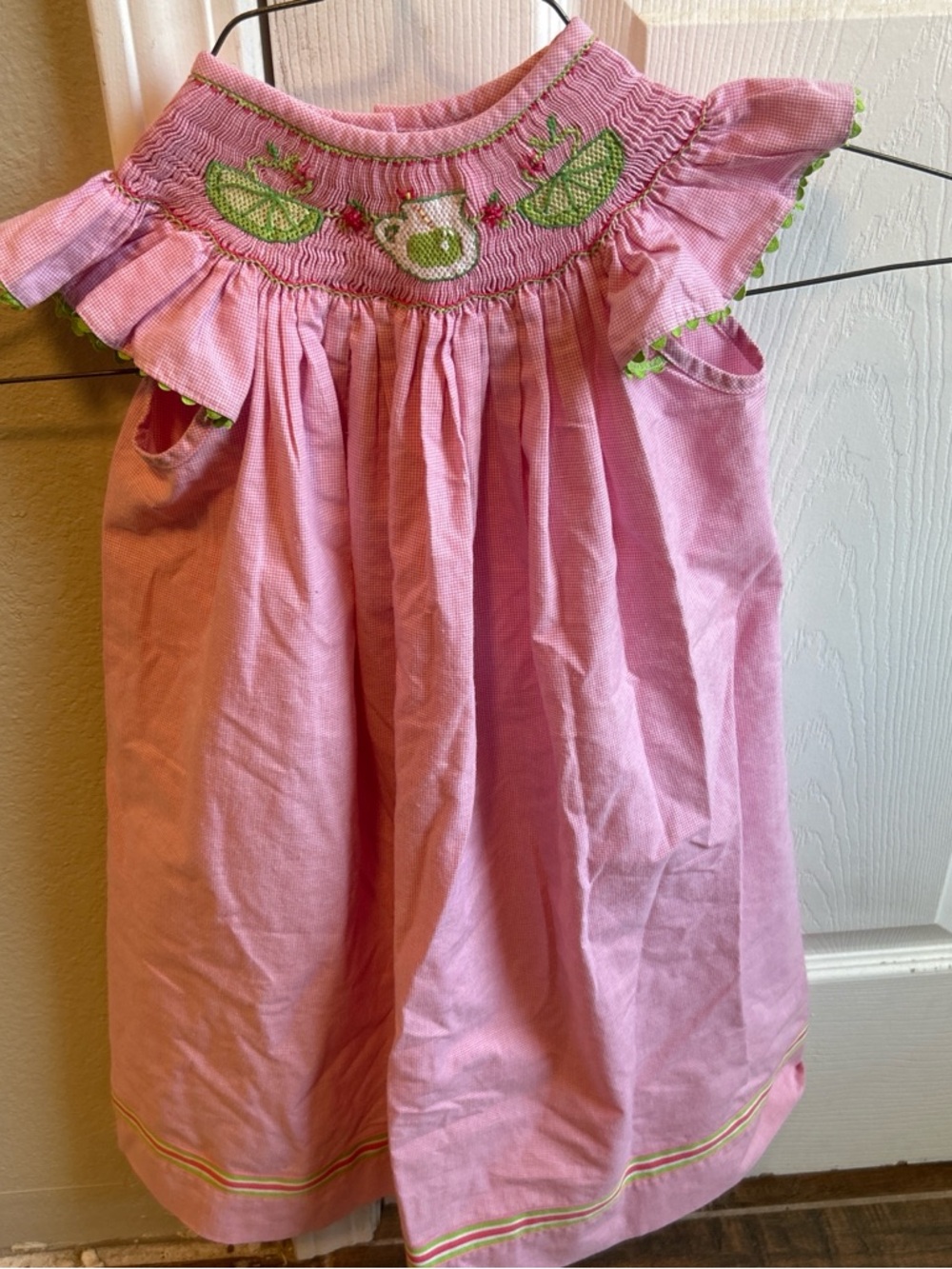 Smocked Pink Tea Time Dress with Green Embroidery